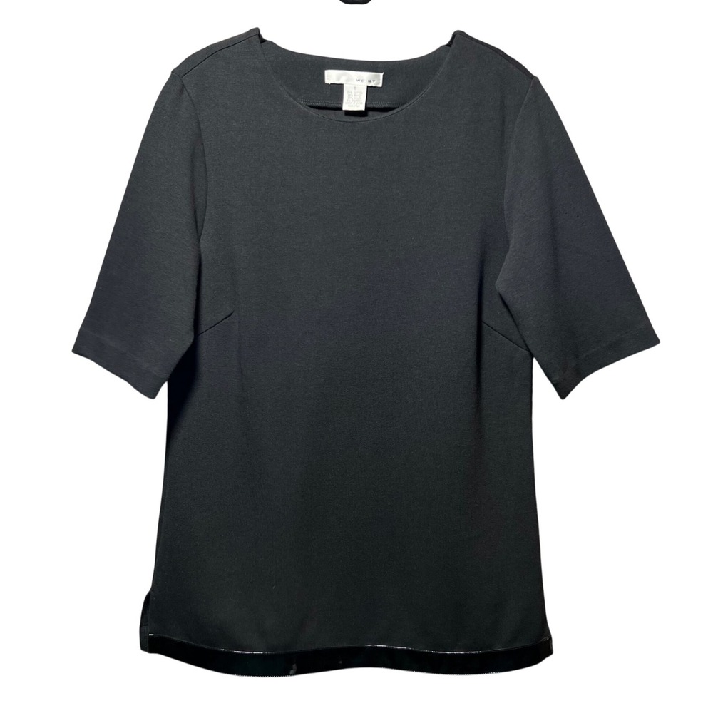 WD NY Black Knit Top Size 6 Elbow Sleeve Patent‎ Faux Leather Trim Crew Neck